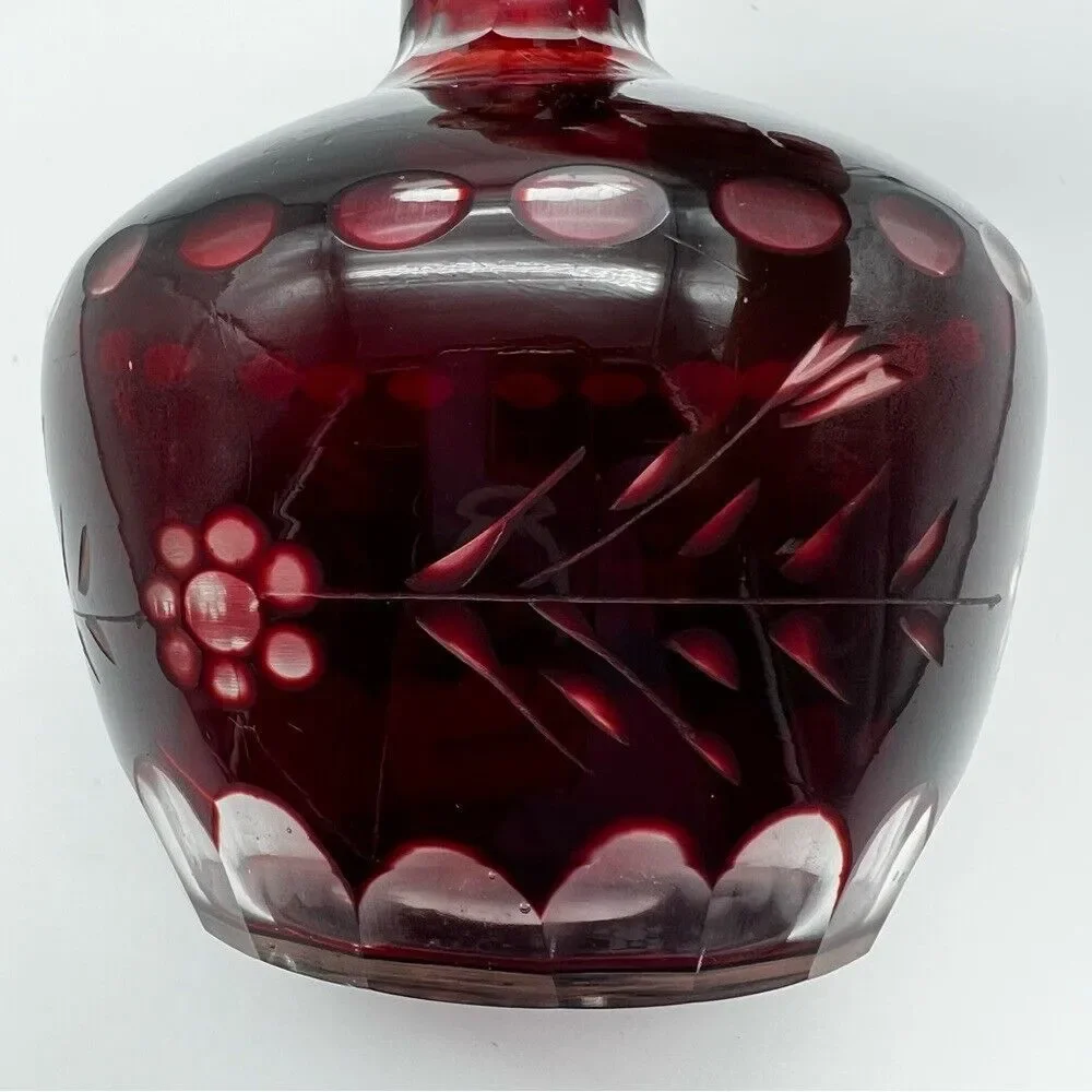 Vintage Czech Bohemian Ruby Red Cut To Clear Floral Etched Glass Decanter Vase
